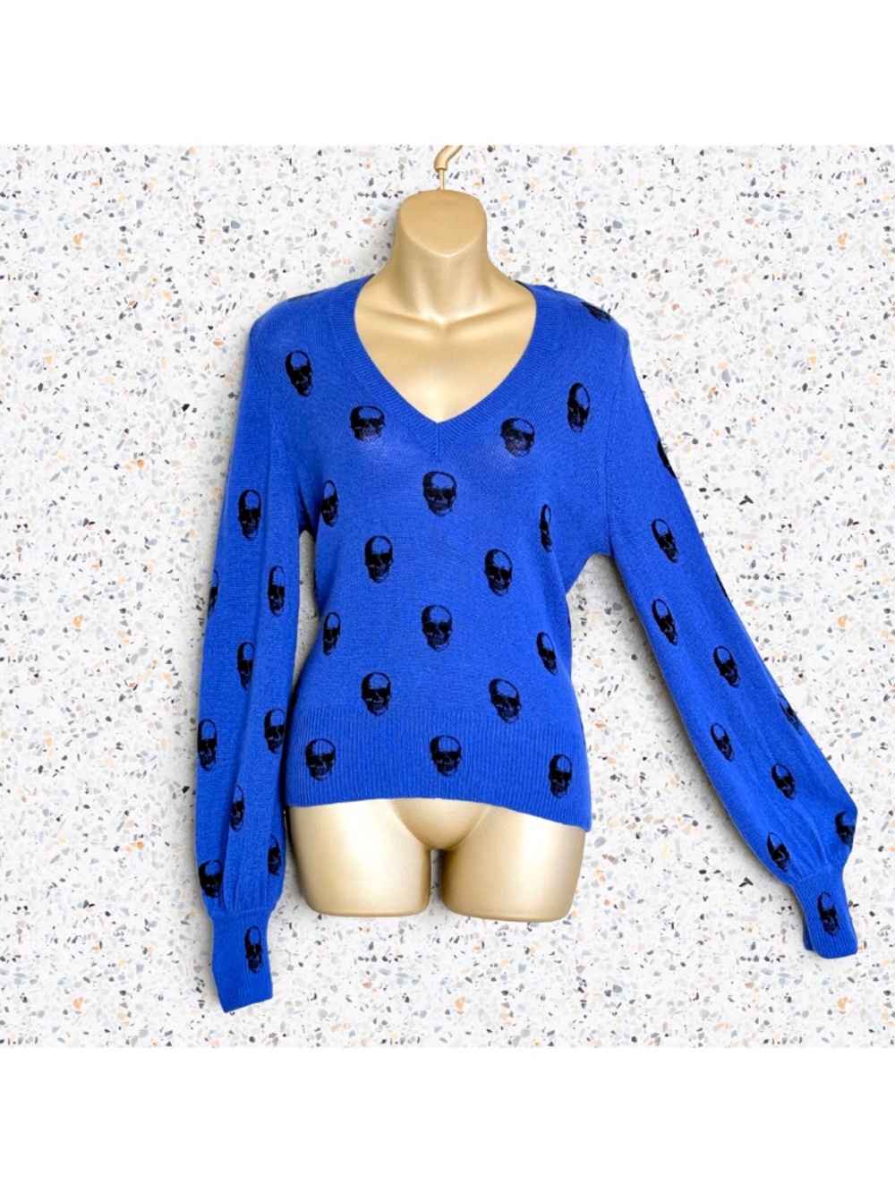 Skull Cashmere Blue Skull Print V-Neck Sweater Goth Punk Grunge Avant-Garde Sz S
